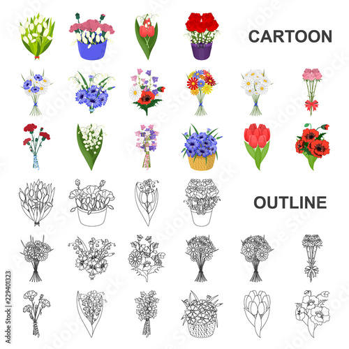 A bouquet of fresh flowers cartoon icons in set collection for design. Various bouquets vector symbol stock web illustration.