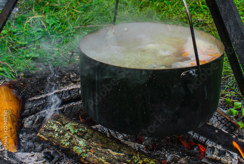 cooking fish soup in the forest