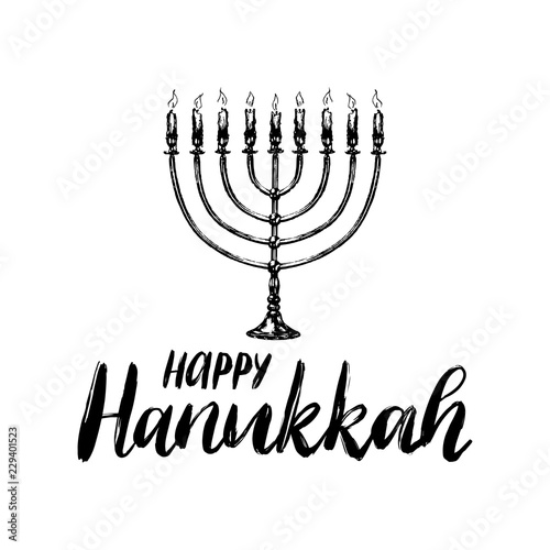 Vector Happy Hanukkah hand lettering. Festive poster, greeting card template with Menorah illustration.