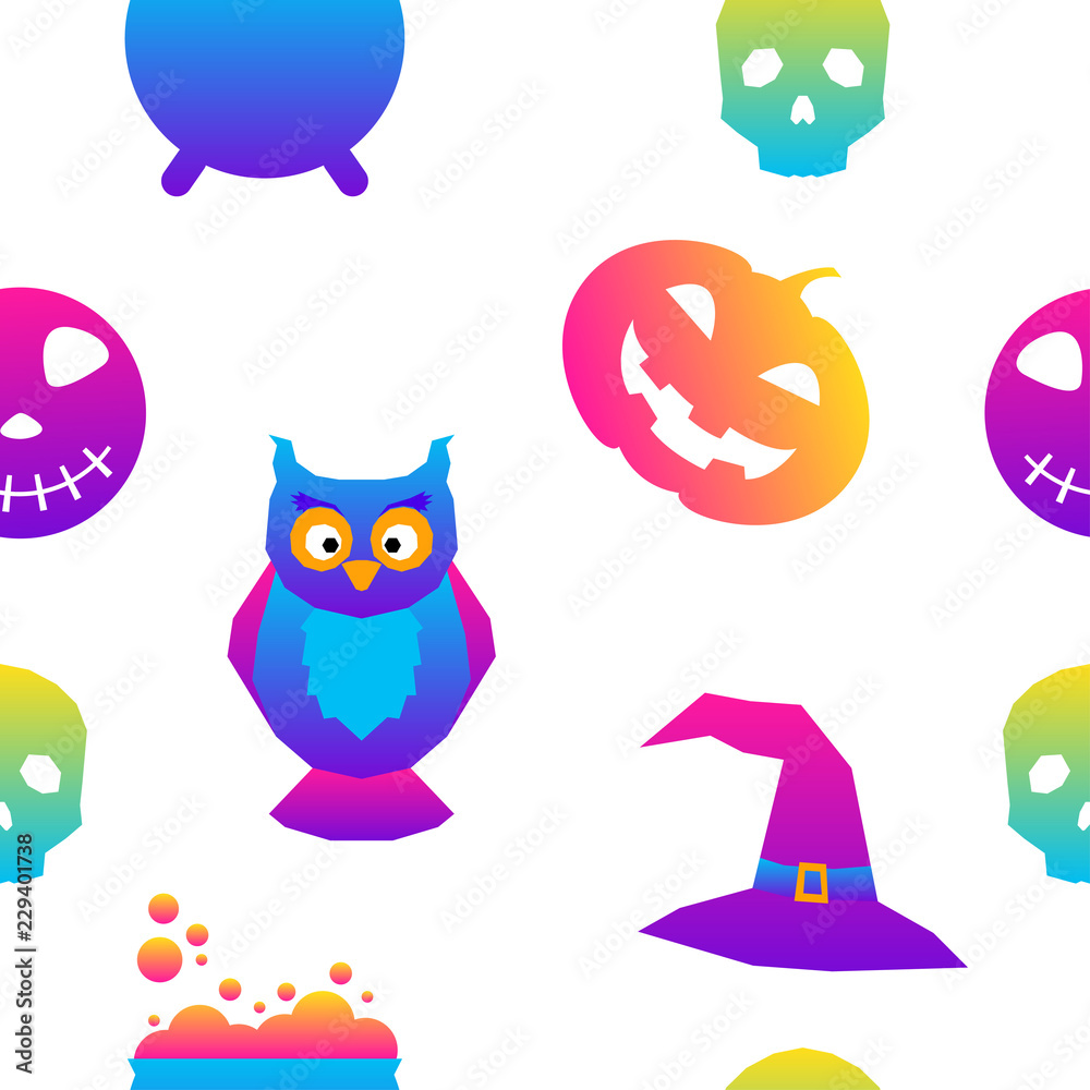 Fototapeta premium Abstract rainbow happy halloween seamless background. Modern pattern for halloween card, party invitation, menu, wallpaper, holiday shop sale, bag print, t shirt, workshop advertising etc.