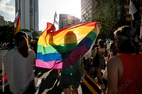 Girl holds rainbow flag in Seoul Queer Pride 2018, South Korea