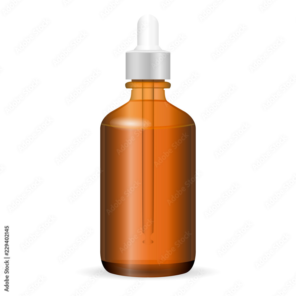 Brown glass cosmetic bottle with dropper. Vector illustration. Jar for medicine, liquid, aroma oil. Realistic Transparent Packaging. Brown glass cosmetic bottle with dropper. Vector illustration. Jar for medicine, liquid, aroma oil. Realistic Transparent Packaging.