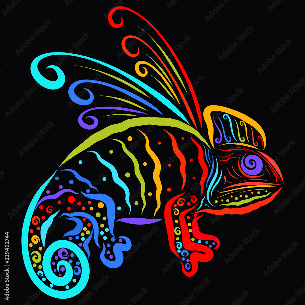 Rainbow patterned chameleon, creative dragon on black background Rainbow patterned chameleon, creative dragon on black background