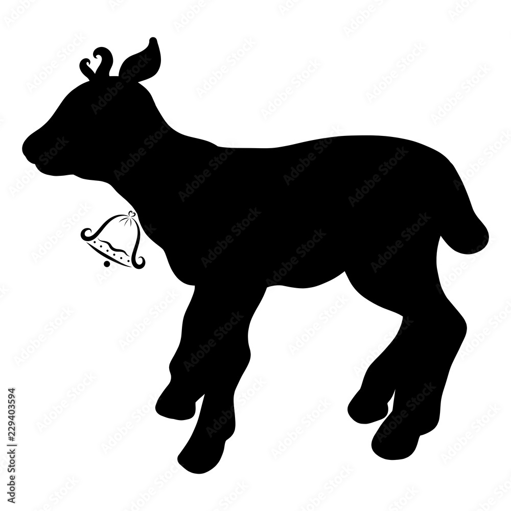 Little deer or calf with a bell, black silhouette