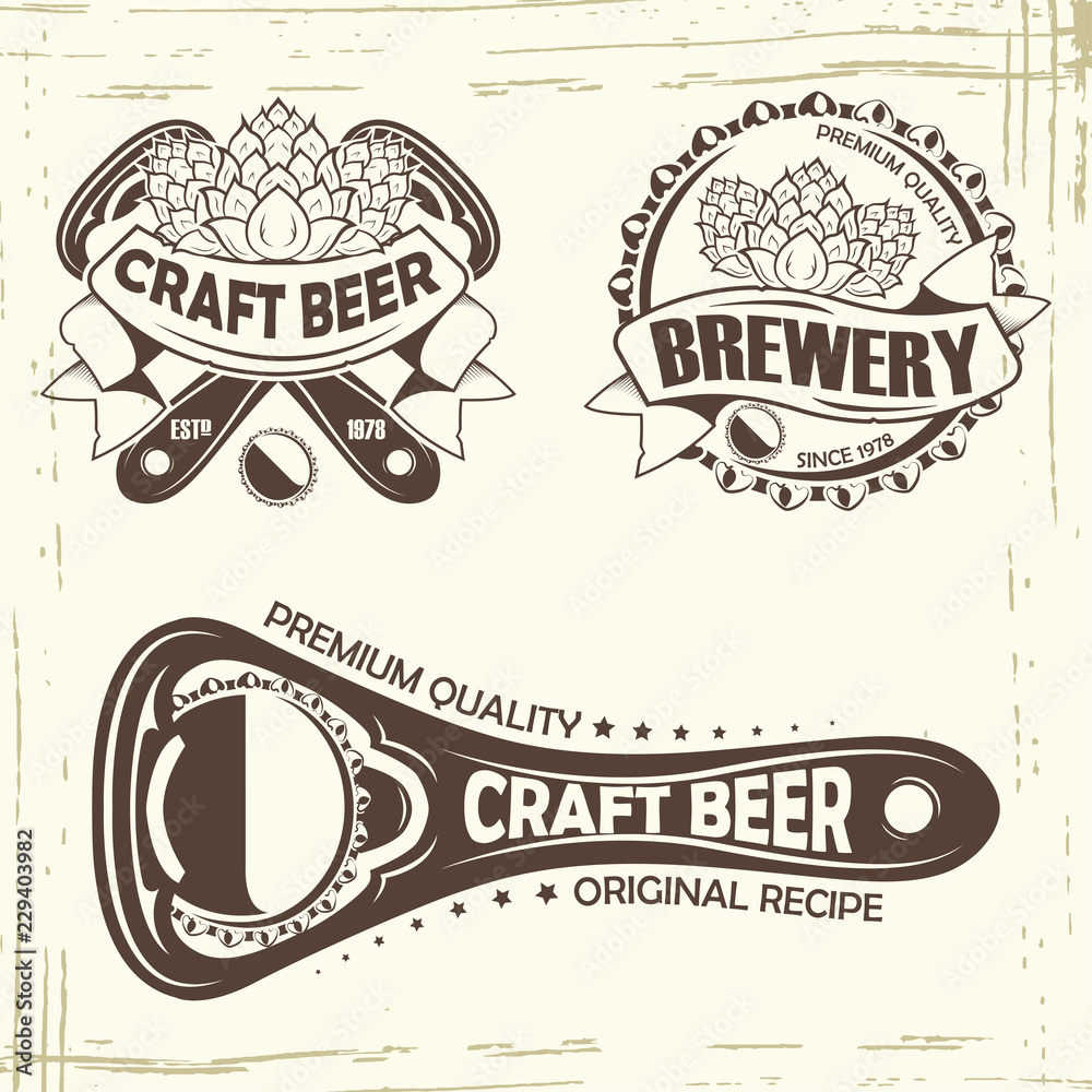 Obraz premium Set of three beer badge, grange print stamps, monochrome style, vector 