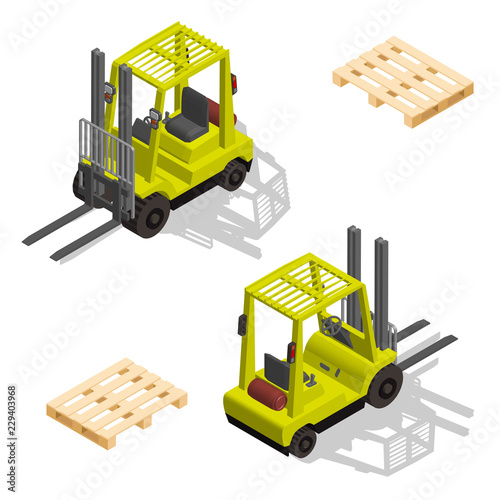 Yellow isometric forklift truck with pallet set isolated on white background, vector
