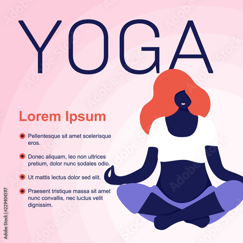 Vector Illustration. Young beautiful pregnancy woman character sitting position in modern flat style. Fitness healthy lifestyle. Yoga time