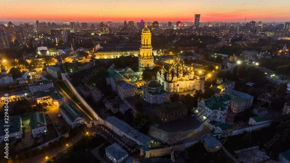 Aerial time lapse. Kiev-Pechersk Lavra with illumination. Kyiv, Ukraine