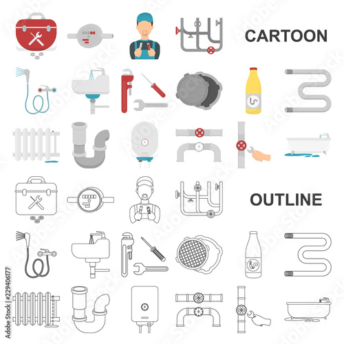 Plumbing, fitting cartoon icons in set collection for design. Equipment and tools vector symbol stock web illustration.