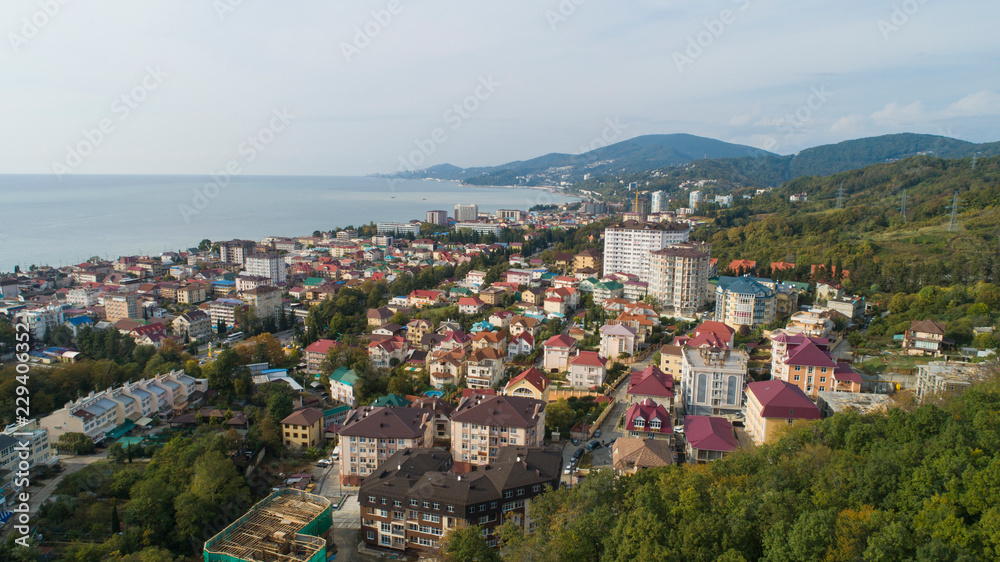 aerial view of a coastal town in mountains. Sochi, Russia