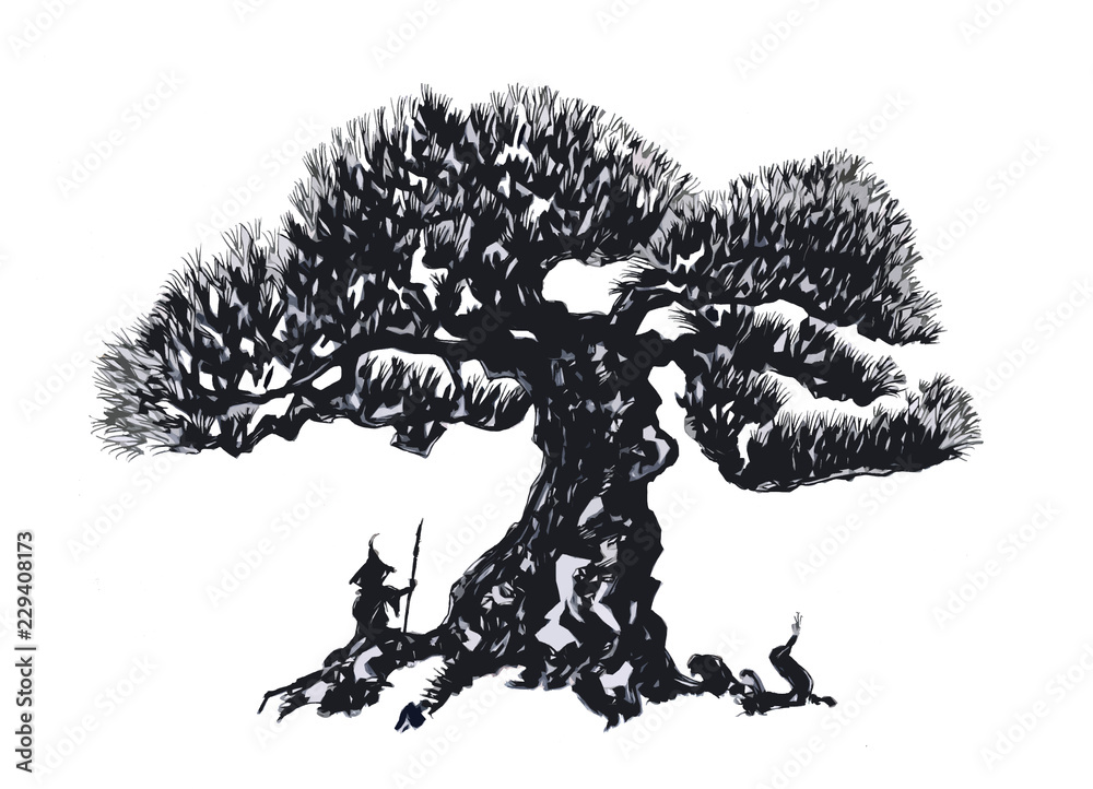 Fototapeta premium Bonsai tree, Ink drawing.