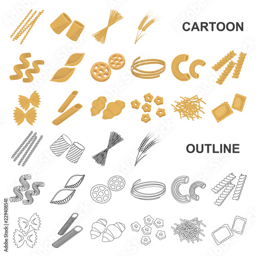 Types of pasta cartoon icons in set collection for design. Figured macaroni for eating vector symbol stock web illustration.