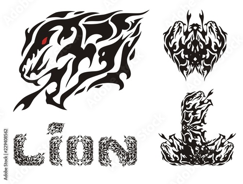 Fototapeta Naklejka Na Ścianę i Meble -  Aggressive lion head symbols and lion text. Tribal growling lion head, letter L, the lion's text and the butterfly formed by the lion's heads. Black and white