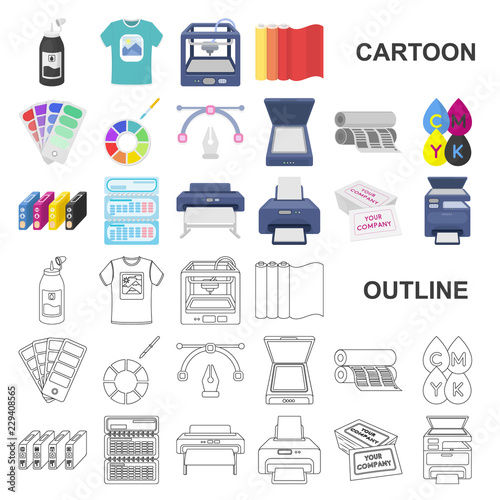 Typographical products cartoon icons in set collection for design. Printing and equipment vector symbol stock web illustration.