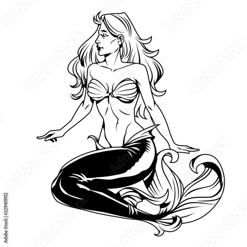Vintage monochrome pretty mermaid