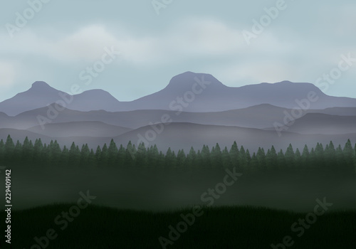 Misty landscape with pine forest and mountains at winter.