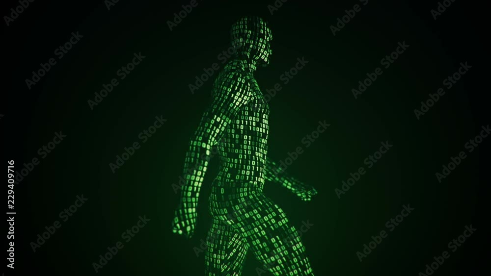 Abstract background with animation walking, running or standing human with surface from flickering binary digits of code. Animation of seamless loop. Abstract background with animation walking, running or standing human with surface from flickering binary digits of code. Animation of seamless loop.