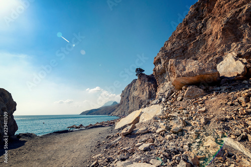 Stone rocky coast of the Mediterranean Sea, Kos island, Greece, beautiful landscape photo