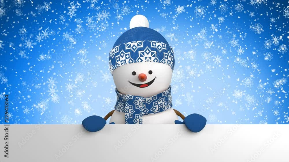 Cute Snowman in Blue Cap Greeting with Hand and Smiling at Snowfall Background. Beautiful 3d Cartoon Animation Green Screen Alpha Matte. Animated Greeting Card. Christmas Concept. 4k UHD 3840x2160