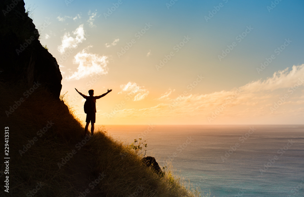 silhouette of man on top of mountain with arms up Stock Photo | Adobe Stock