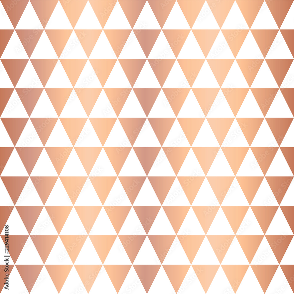 Rose Gold foil triangle geometric seamless vector pattern. Copper shiny triangle shapes on white background. Elegant for web banner, party invitation, New Year, Christmas, celebration, cards, wedding Rose Gold foil triangle geometric seamless vector pattern. Copper shiny triangle shapes on white background. Elegant for web banner, party invitation, New Year, Christmas, celebration, cards, wedding