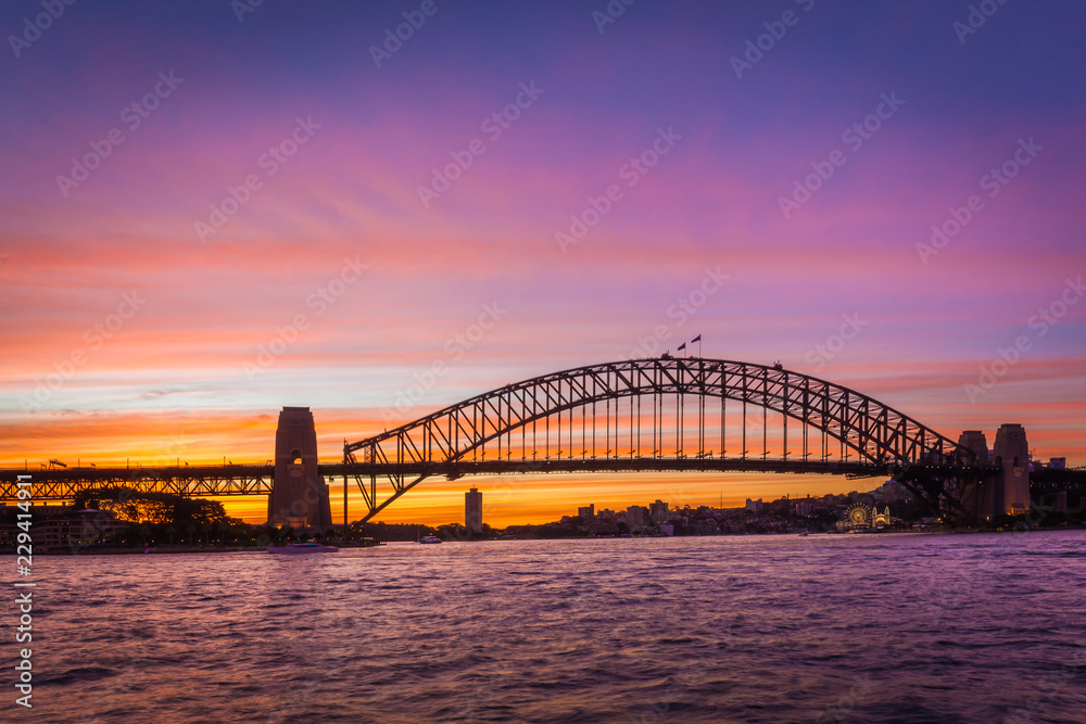Silhouette of the Sydney Harbour Bridge at twilight, Sydney, Australia