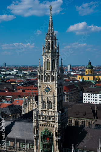 View of New Town Hall clock tower (Neues Rathaus). Mary's Square (Marienplatz). Munich, Germany