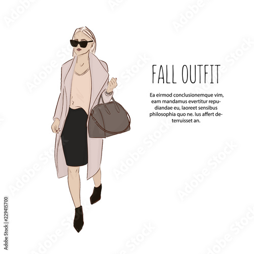 Woman in designer clothes sketch. Trendy fashion outfit. Model girl wearing blouse, coat, skirt and hight heels cute illustration. Vector magazine hand drawn print. Business Style graphics.