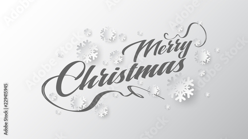 White paper cut of vector snowflake on gradient colours background with merry christmas phase text