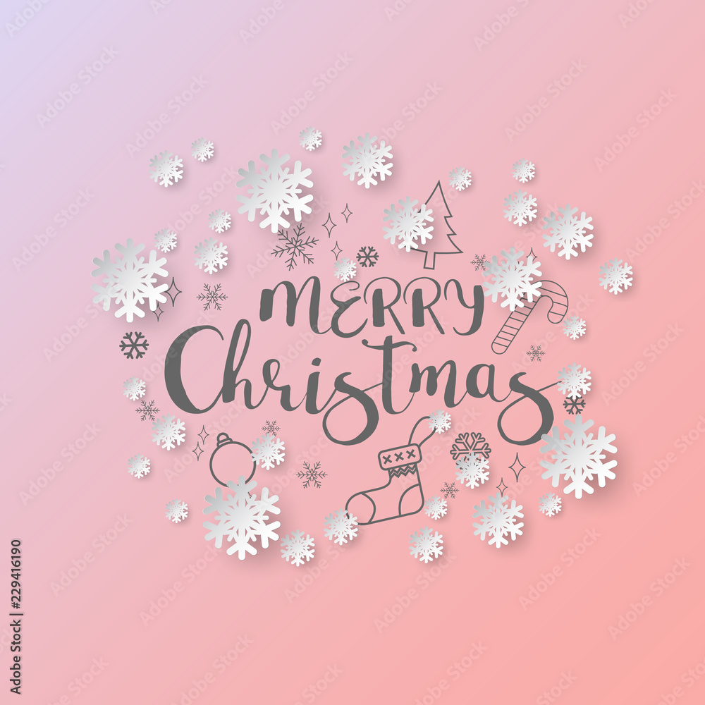 White paper cut of vector snowflake on gradient colours background with merry christmas phase text