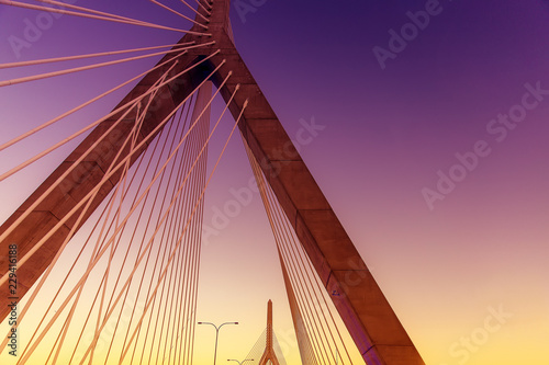 cable bridge. Leonard P. Zakim Bunker Hill Memorial Bridge, Boston, USA at sunset. Copy space for your text