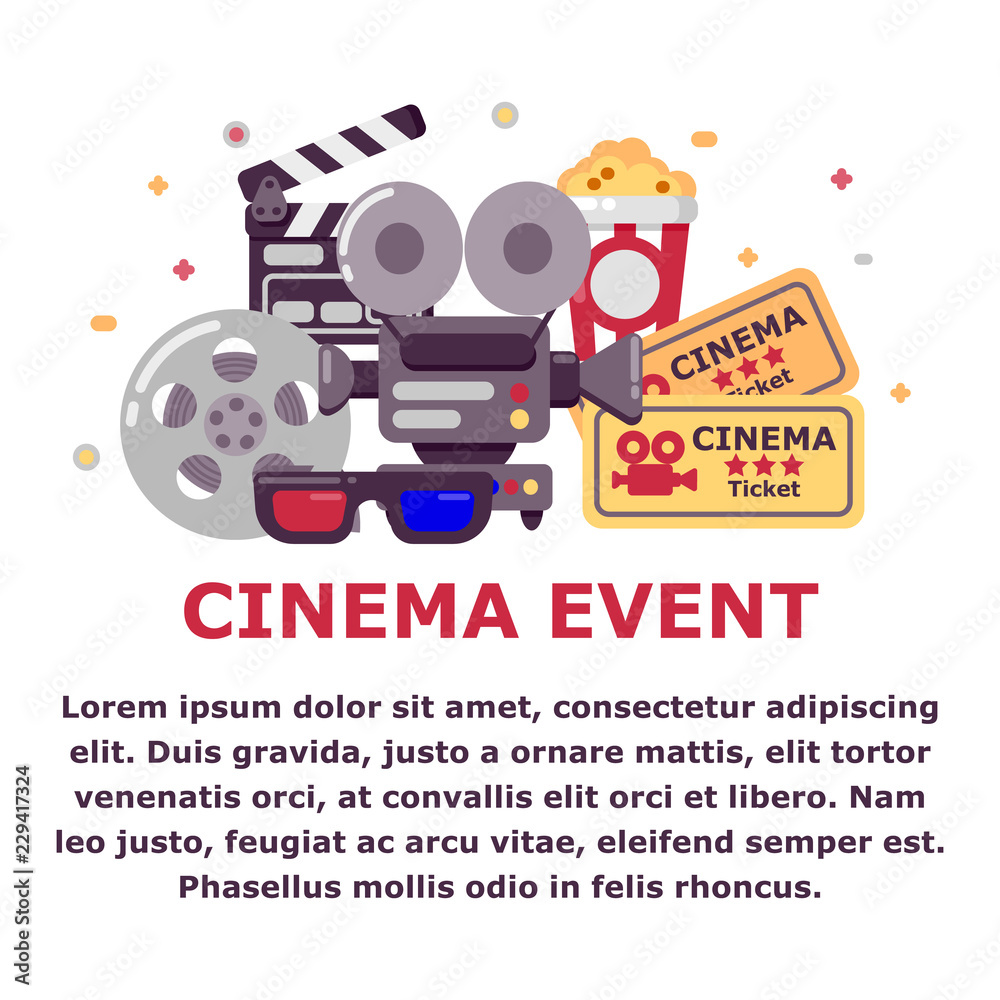 Cinema event design with place for text. Set of cinema icons in flat stile. Vector illustration.