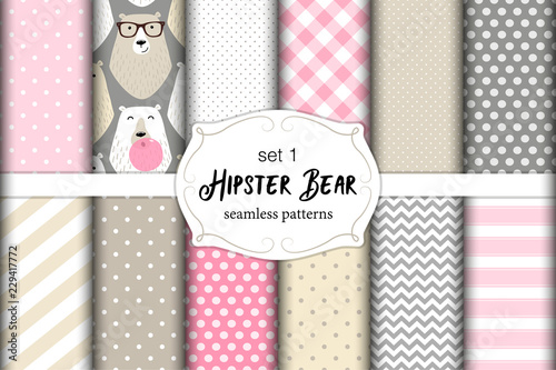 Cute set of childish seamless patterns with hipster polar bears and bubble gum