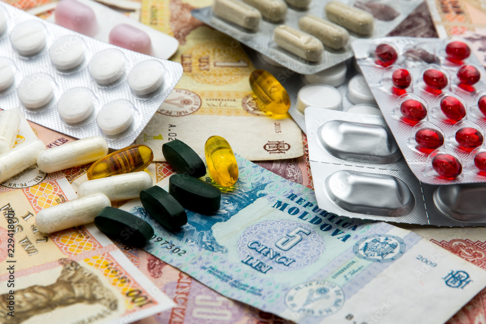 moldavian lei currency bills and medical drugs health-care expenses concept