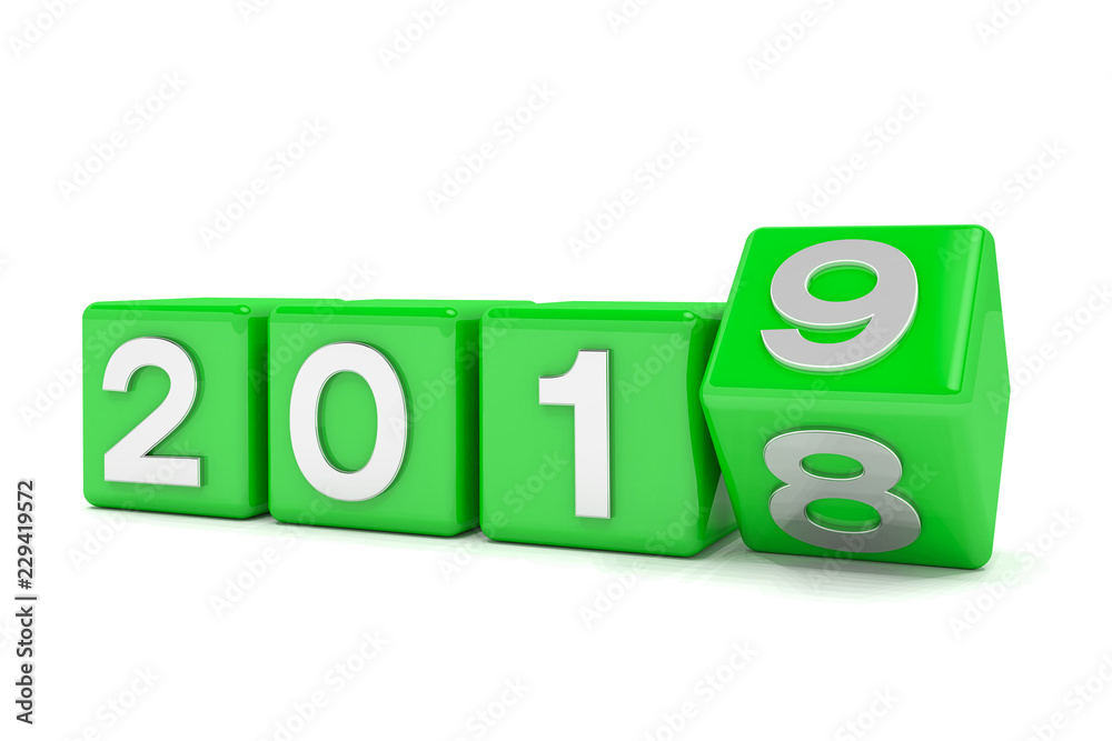 Grüne Würfel mit der Jahreszahl 2018 - 2019 auf weißem Hintergrund - repräsentiert das neue Jahr 2019. Grüne Würfel mit der Jahreszahl 2018 - 2019 auf weißem Hintergrund - repräsentiert das neue Jahr 2019.