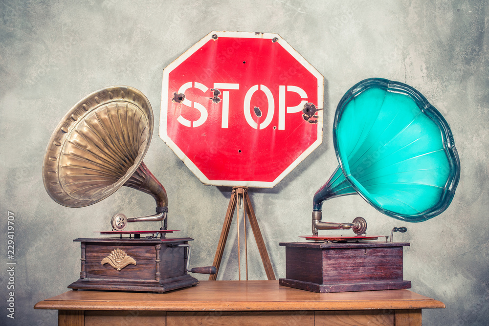 Antique gramophone phonograph turntables with brass and turquoise horns ...