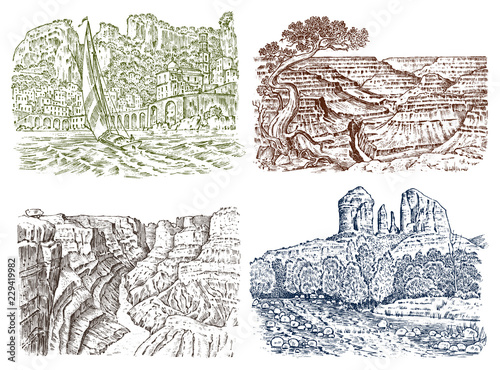 Mountain peaks with forest. Grand Canyon in Arizona. Graphic monochrome landscape. Engraved hand drawn old sketch. Vector illustration for a poster or label.