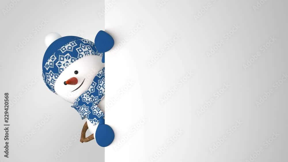 Funny Snowman in Blue Cap Greeting with Hand and Smiling on White Background. Beautiful 3d Cartoon Animation Green Screen Alpha. Animated Greeting Card. Last Frames Looped. 4k Ultra HD 3840x2160