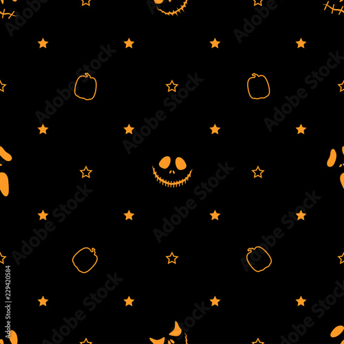 Halloween seamless pattern with masks,stars and pumpkins.October dark vector background.Textile texture