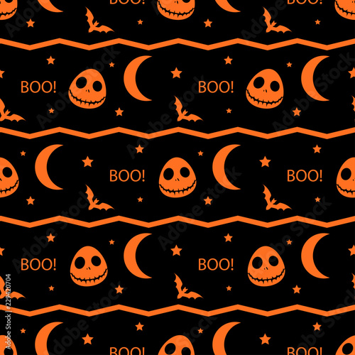 Halloween seamless pattern with masks,moons,bats,stars and stripes.October holiday vector background.Repeating textile texture