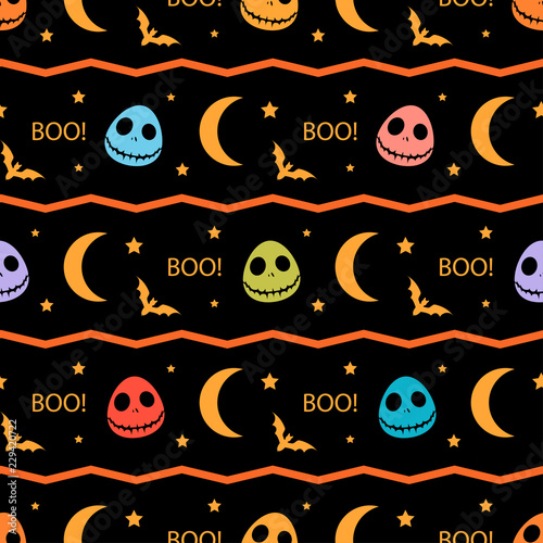 Halloween seamless pattern with masks,moons,bats,stars and stripes.October holiday vector background.Repeating textile texture