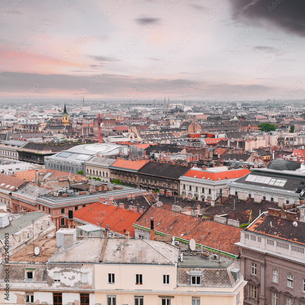 Panorama of the city from the dome of the Basilica of Saint Istvan in Budapest, Hungary.