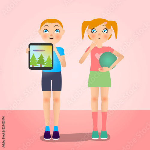 little sister and brother are standing in a pink room, boy is showing photo of ufo and girl is surprised