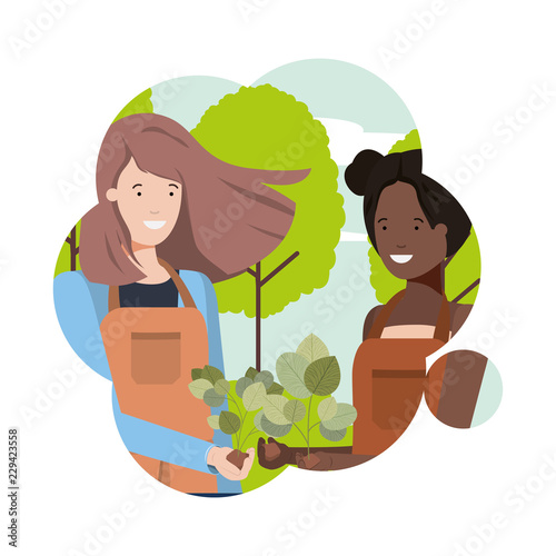 women gardeners with landscape avatar character