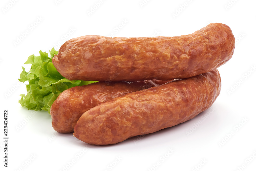 Chorizo sausages with lettuce, Close-up, isolated on a white background. Chorizo sausages with lettuce, Close-up, isolated on a white background.