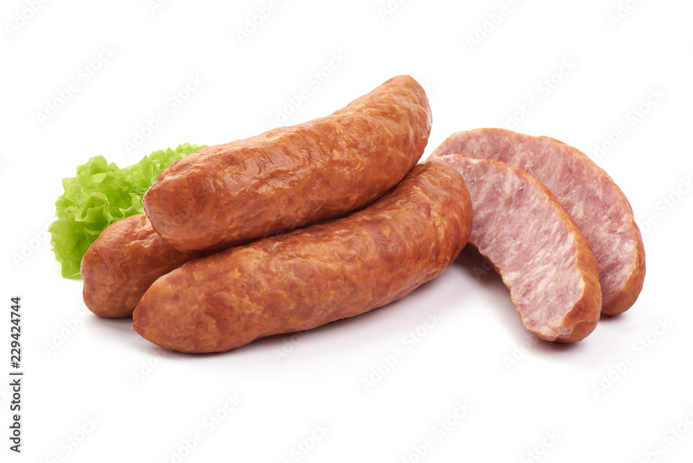 Pork Dried Sausages with lettuce, Close-up, isolated on a white background. Pork Dried Sausages with lettuce, Close-up, isolated on a white background.