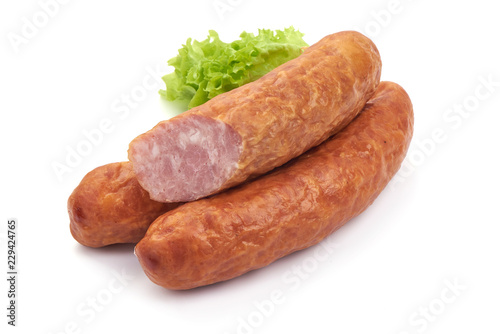 Chinese Dried Sausages with lettuce, Close-up, isolated on a white background.