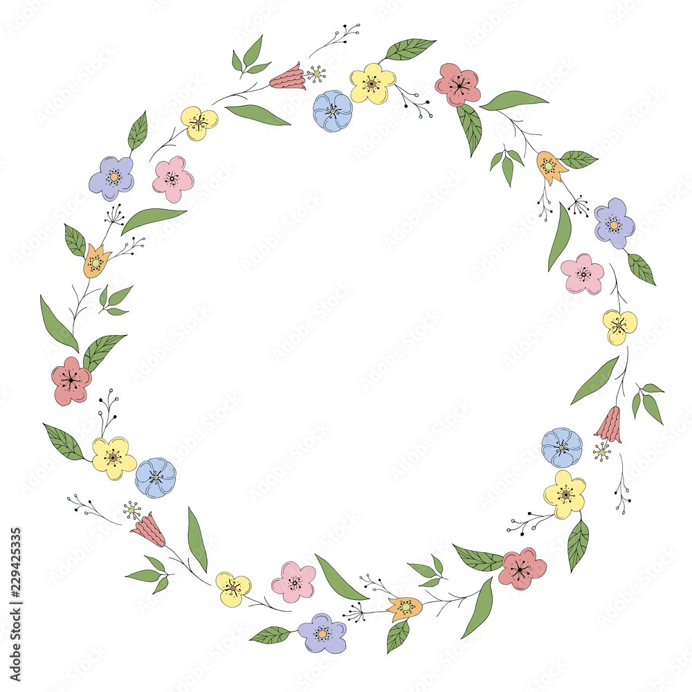 Wreath with abstract flowers doodle. Vector illustration. Round floral frame. 