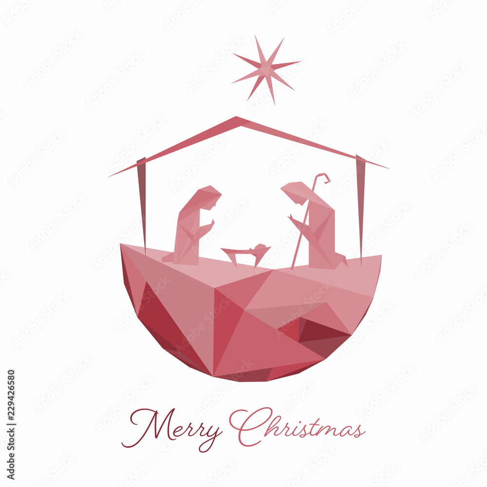 Fototapeta premium Christmas time. Nativity scene with Mary, Joseph and baby Jesus in origami style. Text : Merry Christmas