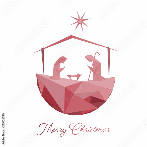Christmas time. Nativity scene with Mary, Joseph and baby Jesus in origami style. Text : Merry Christmas